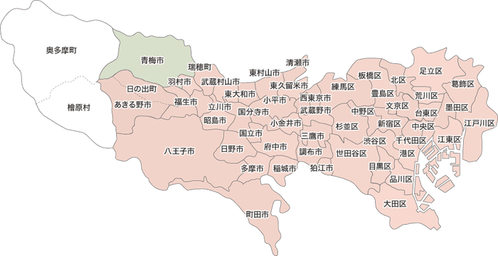 東京都の地図。パルシステム指定便が可能なエリア。